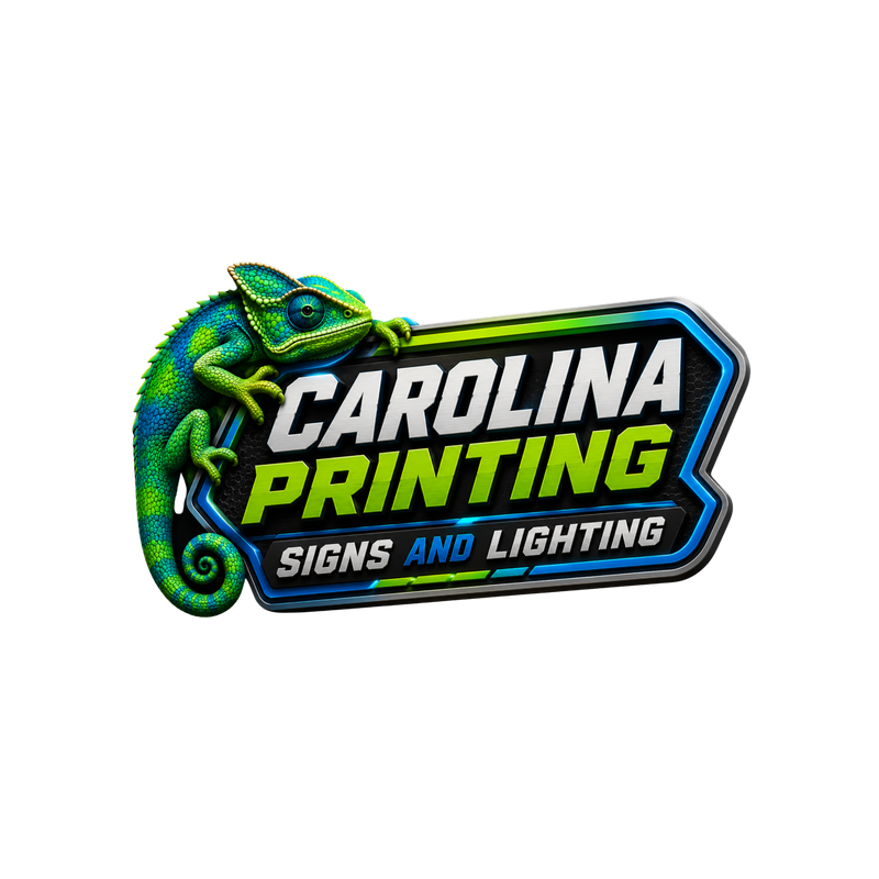 Carolina Printing Signs and Lighting logo with chameleon mascot